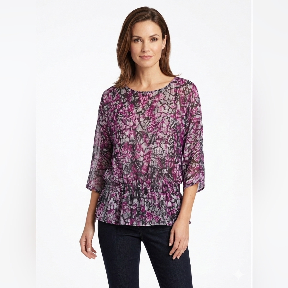 Chico's Sheer Purple and Black Floral  Blouse. Chico's Size 2. US 12 or L